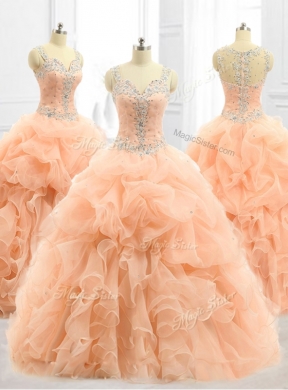 Custom Made Straps Beading and Ruffles Quinceanera Dress in Peach