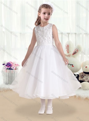 Cheap Princess Scoop White Latest Flower Girl Dress with Appliques