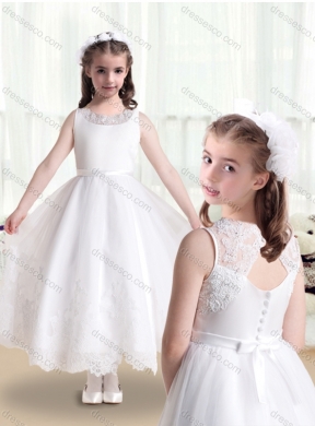 Lovely Empire Scoop Latest Flower Girl Dress in White with Appliques