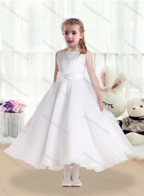 Pretty Scoop White Latest Flower Girl Dress with Beading and Bowkno