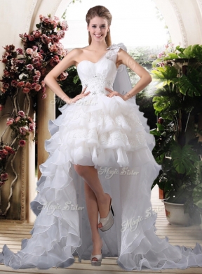 Inexpensive One Shoulder High Low Wedding Dress with Ruffled Layers