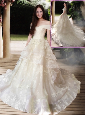 New Style A Line Court Train Wedding Dress with Off the Shoulder