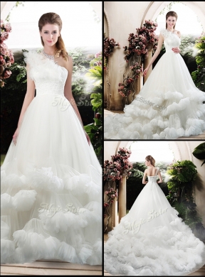 Popular One Shoulder Wedding Dress with Appliques and Ruffles
