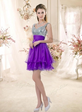 Straps Short Purple Bridesmaid Dress with Sequins