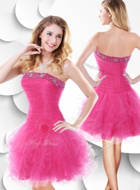 Luxurious Strapless Hot Pink Bridesmaid Dress with Beading and Ruffles
