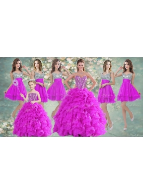 Visible Boning Fuchsia Sweet 16 Gown and Sequined Dama DressBeaded and Ruffled Mini Quinceanera Dress