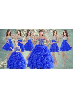 Big Puffy Beaded Blue Quinceanera Dress and Sequined Short Dama DressRuffled Mini Quinceanera Dress