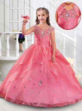 Cute Off the Shoulder Rose Pink Girls Party Dress with Beading