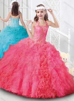 Elegant Halter Top Organza Little Girls Pageant Dress with Beading and Ruffles