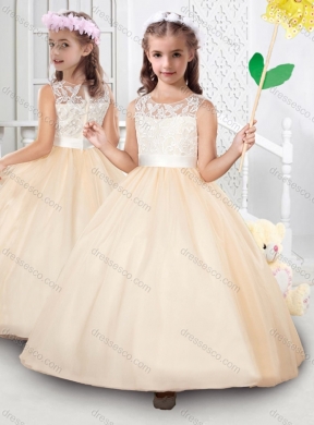 Popular Scoop Tulle Applique Little Girls Pageant Dress in Champagne