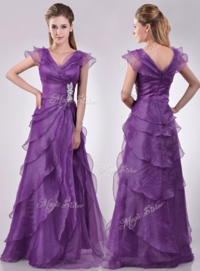 Low Price V Neck Eggplant Purple Discount Mother Dress with Beading and Ruffles