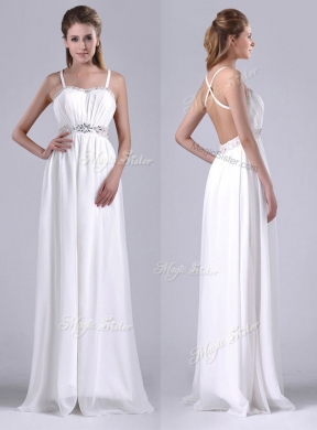 New Style Beaded Top and Waist White Prom Dress with Criss Cross