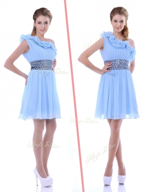 One Shoulder Light Blue Dama Dress QuinceaneraProm Dress with Beaded Decorated Waist and Ruffles