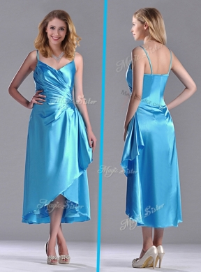 Classical Spaghetti Straps Baby Blue Bridesmaid Dress in Tea Length