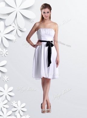 Elegant Empire Strapless Ruched and Be-ribboned White Bridesmaid Dress in Chiffon