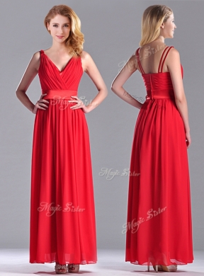 The Super Hot Empire V Neck Red Bridesmaid Dress in Ankle Length