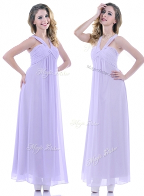 Wonderful Ruched Decorated Bust Ankle Length Bridesmaid Dress in Lavender