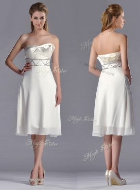 Fashionable Beaded Decorated Waist Chiffon Bridesmaid Dress in Tea Length