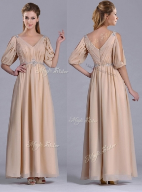 Cheap Beaded and Ruched V Neck Long Mother Dress in Champagne
