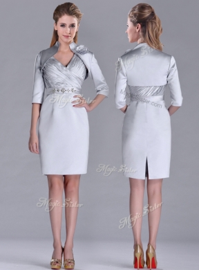 Popular Column Belted with Beading Silver Mother Dress with V Neck