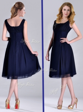 Most Popular Square Empire Chiffon Navy Blue Prom Dress with Ruching