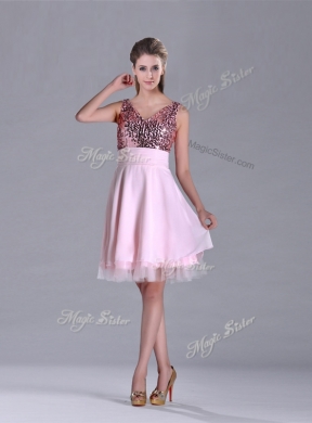 Most Popular V Neck Sequined Decorated Bodice Prom Dress in Baby Pink