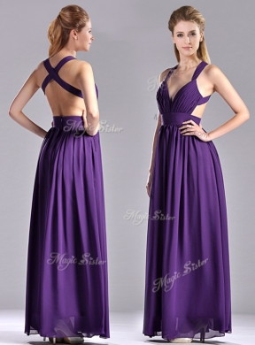 New Style Purple Criss Cross Prom Dress with Ruched Decorated Bust