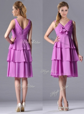 Discount V Neck Lilac Prom Dress with Handcrafted Flower and Ruching