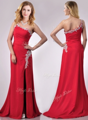 Luxurious Beaded Decorated One Shoulder and High Slit Prom Dress with Brush Train