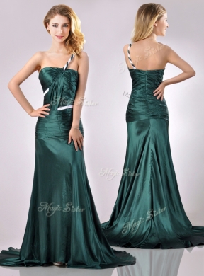 Modest One Shoulder Dark Green Prom Dress in Elastic Woven Satin