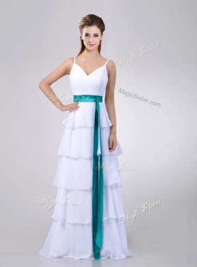 New Style White Prom Dress with Ruffled Layers and Turquoise Belt