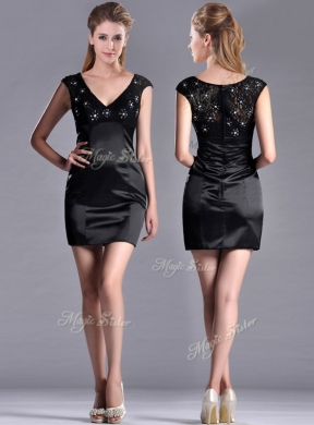 Classical V Neck Satin and Lace Prom Dress with Cap Sleeves