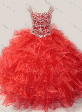 Ball Gown Straps Organza Beaded Bodice Lace Up Little Girl Pageant Dress in Red