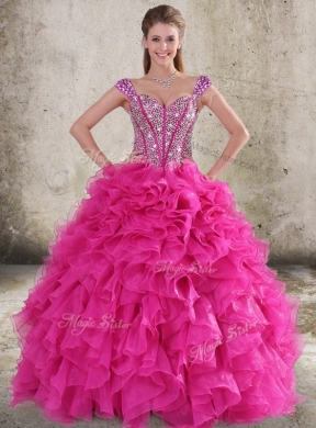 Perfect Ruffled and Beaded Bodice Straps Hot Pink Sweet Sixteen Dress