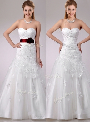 Decent A Line Brush Train Beaded and Applique Wedding Dress with Sash