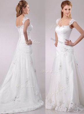 Discount Square Tulle Mermaid Brush Train Wedding Dress with Beading