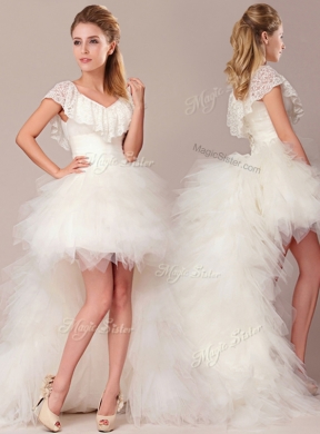Fashionable High Low Detachable Wedding Dress with Lace and Ruffles