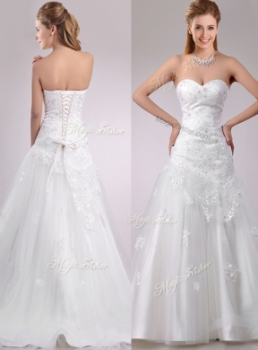 Latest Be-ribboned Beaded and Applique Wedding Dress with Brush Train
