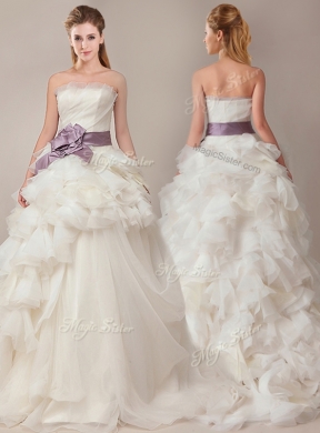Ball Gown Strapless Sophisticated Ruffled and Sashed Wedding Dress with Brush Train