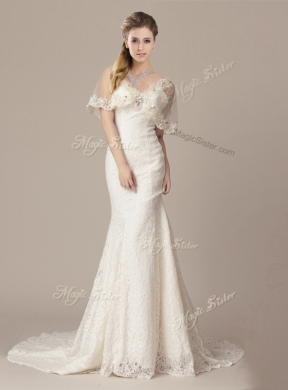 Gorgeous Mermaid V Neck Court Train Short Sleeves Wedding Dress with Lace and Appliques