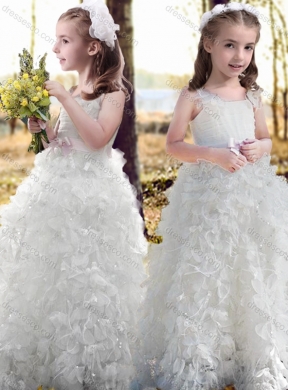 Cheap Ruffled and Bowknot White Flower Girl Dress with Straps
