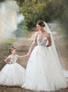 Latest See Through Long Sleeves Wedding Dress with Appliques and Lovely Big Puffy Flower Girl Dress with Hand Made Flowers