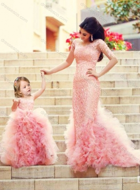 New Style Column Long Sleeves Prom Dress with Brush Train and Affordable Ruffled and Laced Little Girl Dress in Watermelon Red