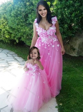 New Style Deep V Neckline Prom Dress with Appliques and Hot Sale Rose Pink Little Girl Dress with See Through Scoop