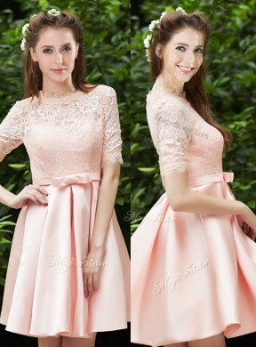 Lovely High Neck Short Sleeves Bridesmaid Dress with Lace and Bowknot