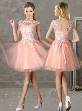 New Style Bateau Peach Short Bridesmaid Dress with Lace