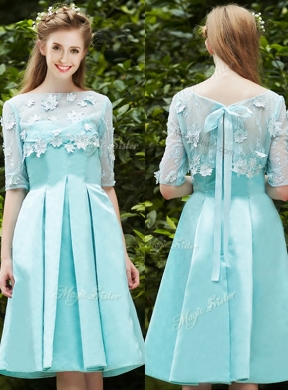 See Through Bateau Half Sleeves Appliques Bridesmaid Dress in Apple Green