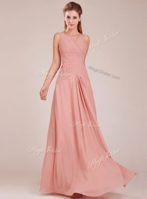 Modest Ruched Decorated Bodice Peach Bridesmaid Dress with V Neck