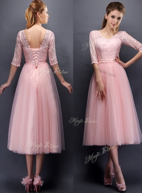 See Through V Neck Half Sleeves Bridesmaid Dress with Lace and Belt