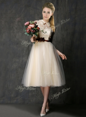 Luxurious High Neck Champagne Bridesmaid Dress with Hand Made Flowers and Lace